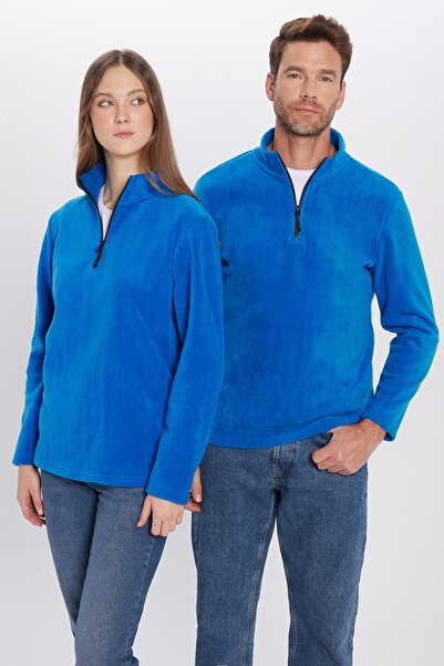 Tudors Unisex Standart Fit Anti-pilling Tüylenme Yapmayan Soğuk Geçirmez Sax Mavi Dik Yaka Polar Sweatshirt