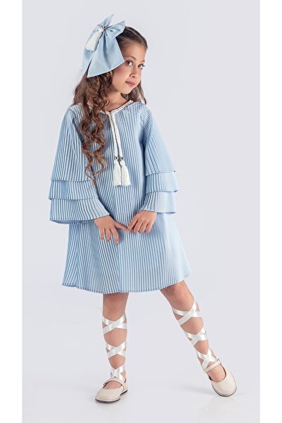 Mnk Baby&Kids MNK0595 BLUE Rochie cu pliuri din crepon pentru fete