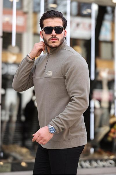 Miron Χακί Unisex κεντημένο γιακά φλις φούτερ με μισό φερμουάρ - 2321