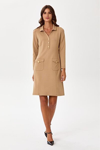 İKİLER Polo Yaka Önü Düğmeli Cepli Elbise 245-2502