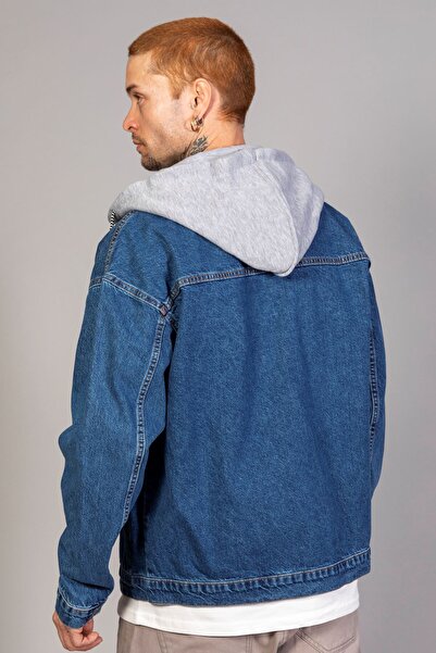 LTC Jeans Erkek Mavi Kapüşonlu Çıkarılabilir Kapüşonlu Oversize Kot Ceket