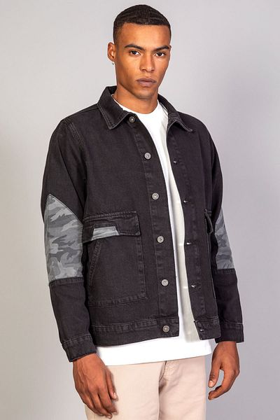 LTC Jeans Мъжко голямо черно дънково яке с камуфлажни детайли