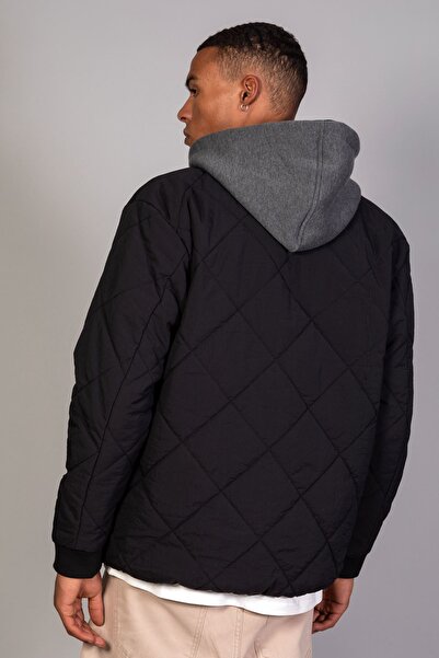 LTC Jeans Μαύρο αφαιρούμενο μπουφάν με κουκούλα Oversize Fit / Ανδρικό μπουφάν με καπιτονέ από ύφασμα Crinkle