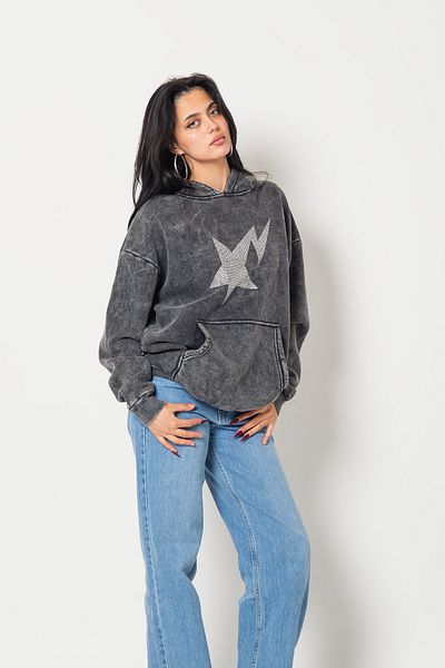 Bak Moda Shining Star Stone Printed Oversize Unisex Premium Washed Black Hoodie