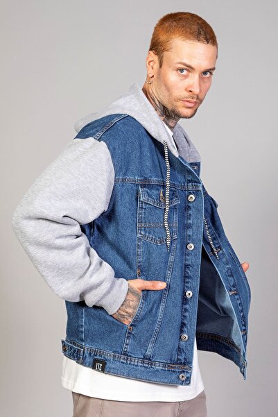 LTC Jeans Erkek Oversize Mavi Kollar Polar Kapüşonlu Kot Ceket