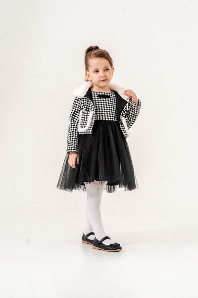 Eray Kids Houndstooth Patterned Plush Collar Detailed 2-Piece Girl's Set with Jacket and Tutu Skirt