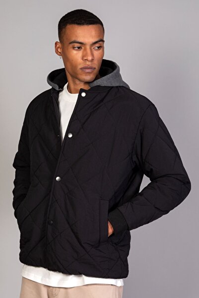 LTC Jeans Μαύρο αφαιρούμενο μπουφάν με κουκούλα Oversize Fit / Ανδρικό μπουφάν με καπιτονέ από ύφασμα Crinkle