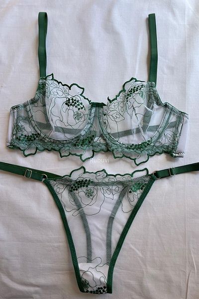 Rubuvi Brode pentru femei verzi, cu sârmă, dantelă, zestre, sexy, fantezie, îmbrăcăminte interioară, sutien, chiloți, set de rufe