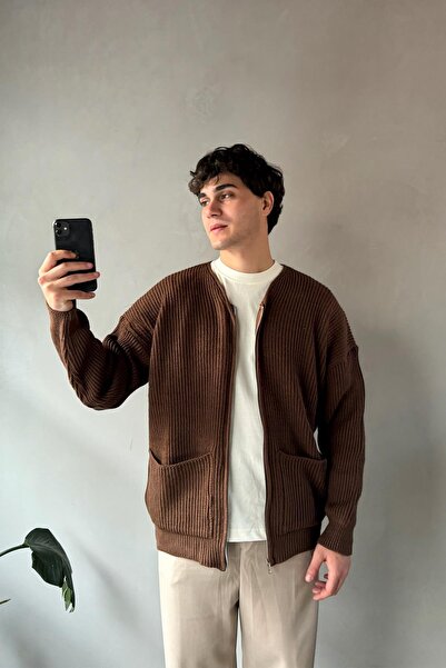 Flaw Wear Pocket Detail Zip Brown Knitwear Cardigan