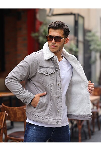 LTC Jeans Μπεζ ανδρικό τζιν μπουφάν με επένδυση από γούνα μέσα και εσωτερικά καπιτονέ Oversize