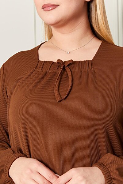 Ferace Kadın Büyük Beden Kare Yaka Fitilli Elbise