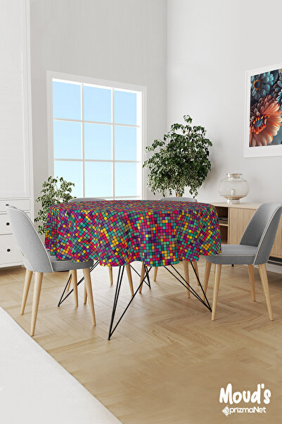 Moud's مفرش طاولة مستدير من الجلد السويدي الملون بنمط مربع صغير