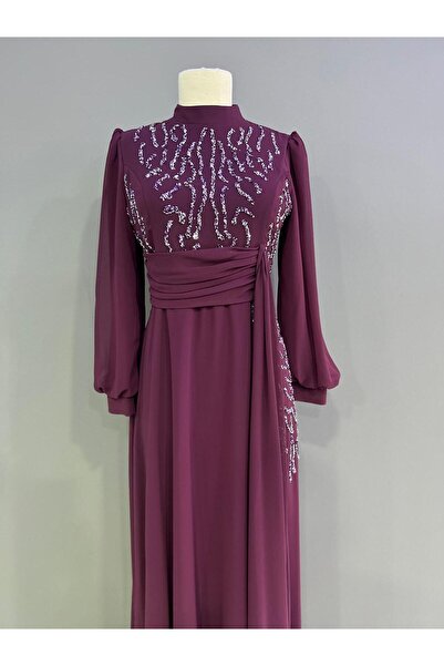 miss Elegans Şifon Taşlı İşlemeli Lavanta Abiye