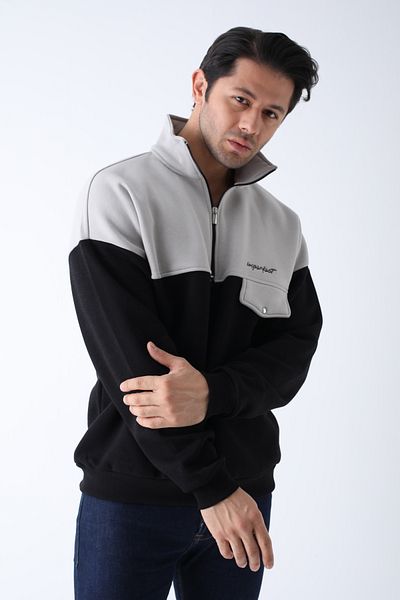 ERTA GOLD Oversize Gray Black Half Zipper Sweatshirt