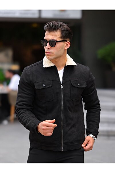 LTC Jeans Чорний чоловічий піджак із застібкою-блискавкою та хутром із замші