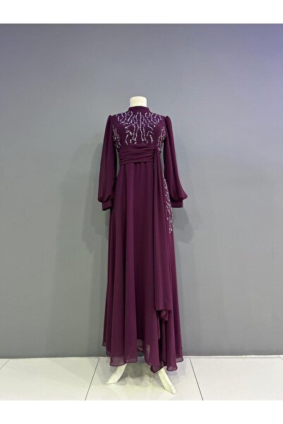 miss Elegans Şifon Taşlı İşlemeli Lavanta Abiye