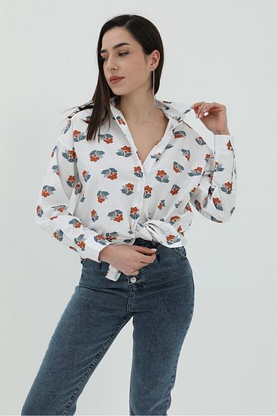 h hera giyim Cămașă pliată cu mâneci cu model de flori - albă