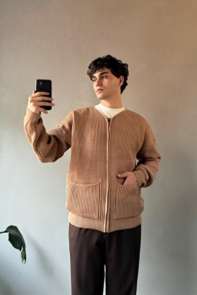 Flaw Wear Pocket Detail Zip Camel Knitwear Cardigan