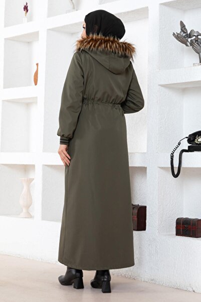 Modamihram Plus Size Hooded Ribbed Coat Khaki 15500