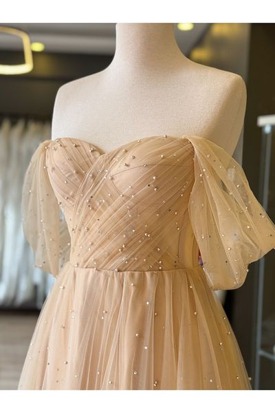 Lenta Moda Nude Rhinestone Maxi Evening Dress - Sheer Evening Gown with Pearls and Sparkling Draping