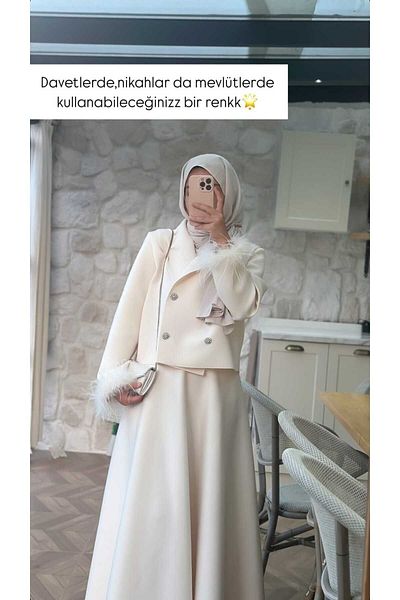 Uçan Fil Rose Cream Design Skirt and Jacket Set