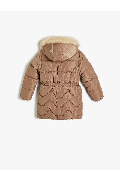 Koton Faux Fur Detailed Hooded down Coat - Belt with Pockets and Zipper