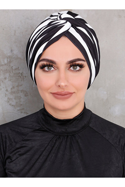 Differenza Black and White Striped Patterned Wrapped Bonnet