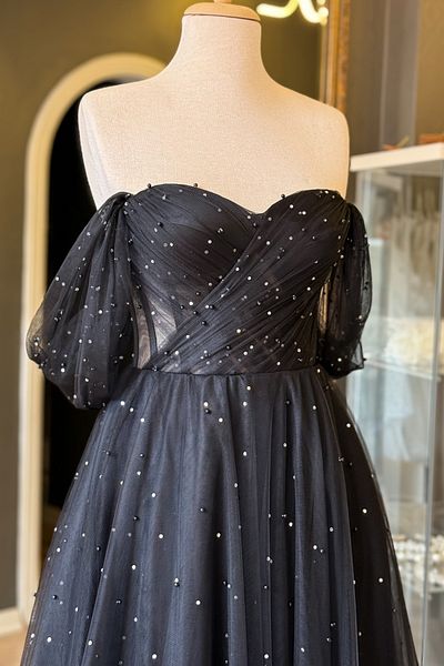 Lenta Moda Black Pearl and Sparkling Stones Maxi Length Draped See-Through Evening Dress and Evening Gown