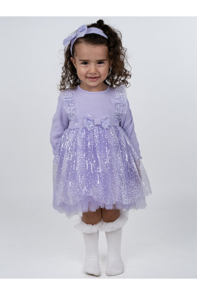 Serkon BABY Pullu Tül Robası %100 Pamuklu Bandanalı Fırfırlı Fiyonk Detaylı Kız Bebek Elbise