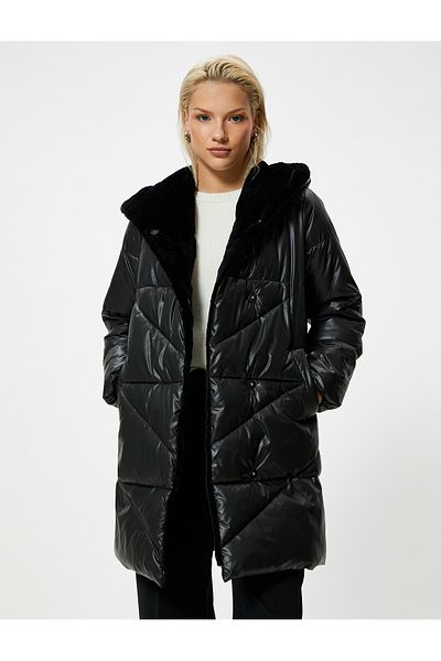 Koton Long Inflatable Coat Faux Fur Collar Quilted Pocket Comfortable Fit