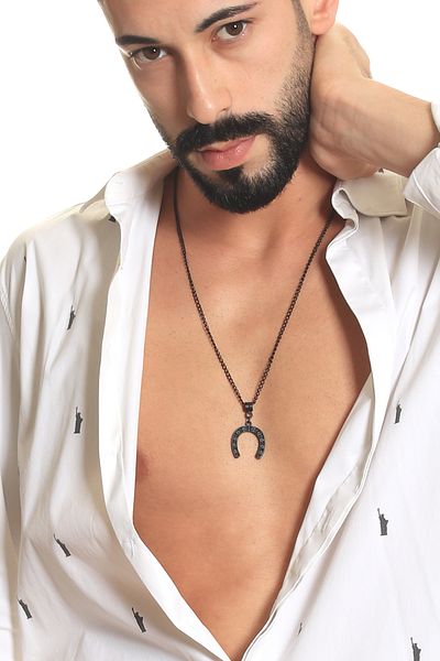 LABALABA MEN'S BLACK OXIDE PLATED SKULL HEAD PRINTED HONEYSIDE ICON PENDANT NECKLACE