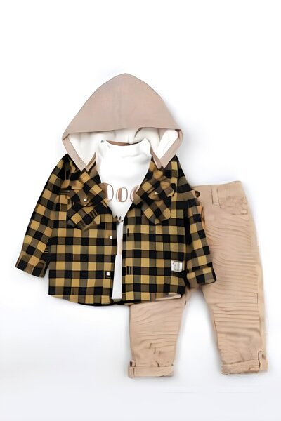 Bombili Erkek Bebek Kapşonlu Ekose Gömlekli 3'lü Takım
