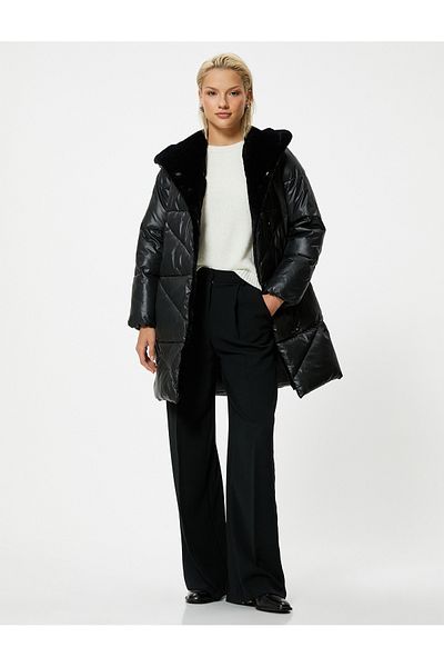 Koton Long Inflatable Coat Faux Fur Collar Quilted Pocket Comfortable Fit