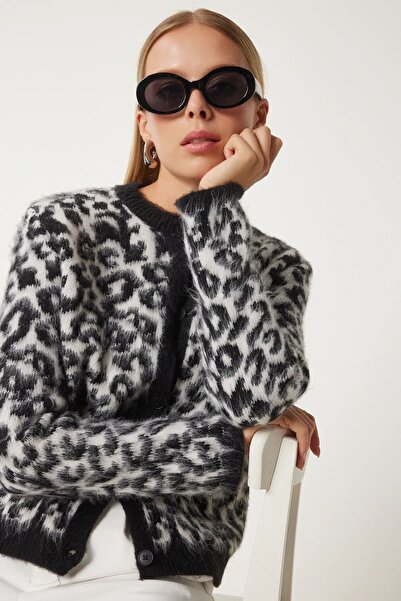 Machetta Women's Crew Neck Black and White Leopard Print Wool Cardigan