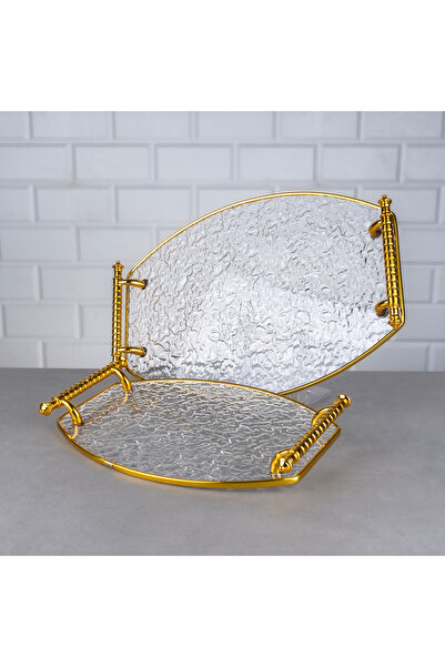 ZETT 2'li Akrilik Tepsi Buzlu Cam Model Altın Renk Kulplu Oval