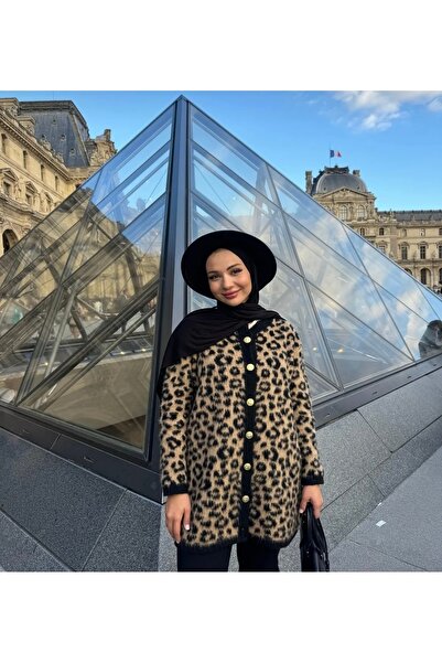 FLEX FASHION Women's Gold Buttoned and Leopard Print Trend Popular Knitwear L...