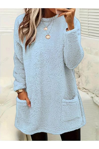 MODAVERA Women's Long Sleeve Round Neck Plush Blouse with Pockets
