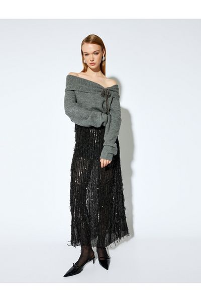 Koton X Melis Ağazat - Slim Fit, căptușit pe jumătate, detaliu Otriş, paiete transparente, paiete lungi E