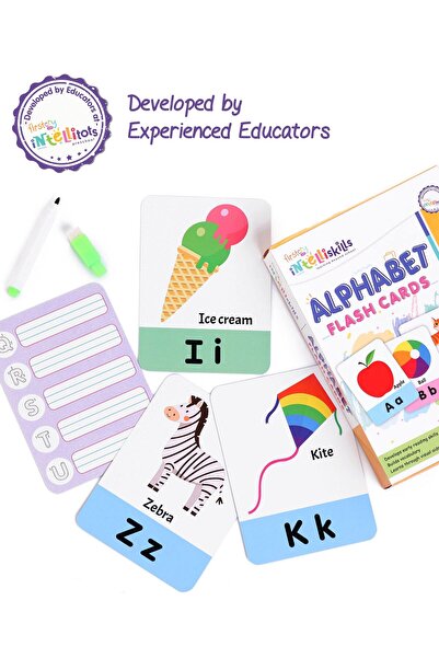 Intelliskills بطاقات تعليمية الأبجدية الكبيرة من Intelliskills مع قلم تحديد - 31 قطعة قابلة لإعادة الاستخدام للكتابة والمسح، للأعمار من 2+