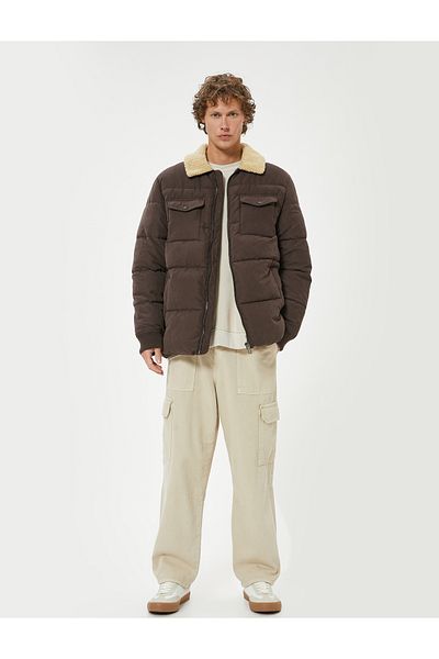 Koton Slim Fit Puffer Παλτό Λούτρινο γιακά Λεπτομερές φερμουάρ