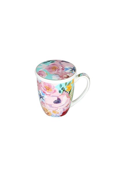 Lucky Art Peony Patterned Bone China Porcelain Mug with Lid and Strainer 570 ml