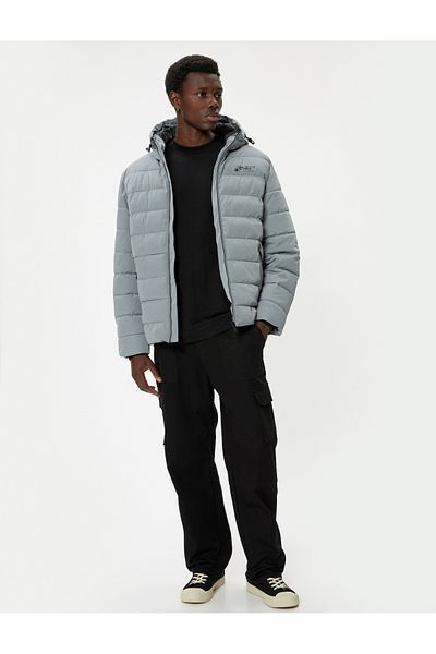 Koton Zippered Pocket Detailed Slogan Printed Hooded Puffer Jacket