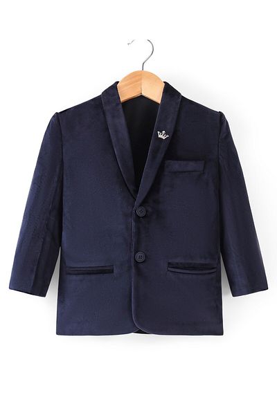 Babyhug Full Sleeves Velvet Party Wear Blazer Solid Colour - Navy Blue