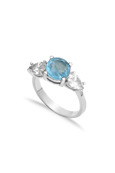 Silveranka 925 Ayar Gümüş Paraiba Elmas Kesim Yuvarlak Taşlı Yüzük