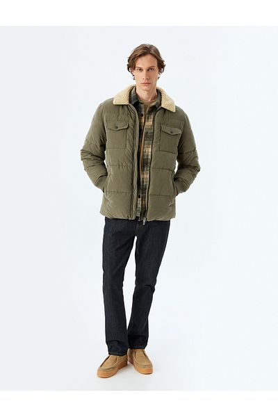 Koton Slim Fit Puffer Παλτό Λούτρινο γιακά Λεπτομερές φερμουάρ