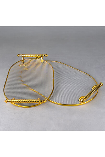 ZETT 2'li Akrilik Tepsi Çizgili Model Altın Renk Kulplu