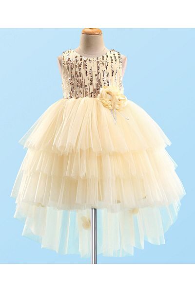 Babyhug Sleeveless Party Frock With Floral Corsage & Sequine Detailing - Yellow