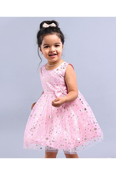 Babyhug Sleeveless Frock With Bow Applique Foil Star Print - Peach