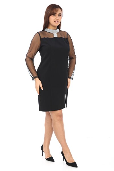 etselements Stone Detailed Neck and Slit Evening Dress - 7086