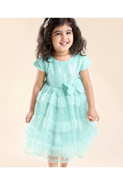Babyhug Cap Sleeves Party Frock with Sequinned Detailing & Bow Applique - Blue
